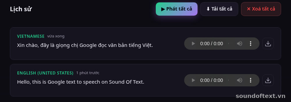 Lịch sử: nghe và tải file MP3 vừa tạo